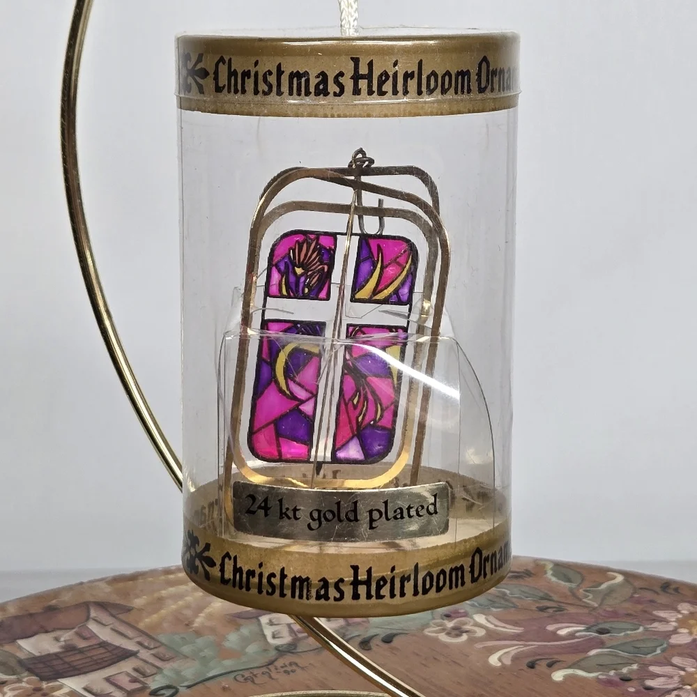 VTG Christmas Heirloom Ornament 24kt Gold Plated Cross Pink Purple Stained Glass